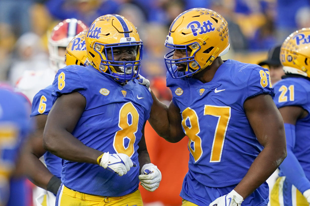 Pittsburgh defensive lineman Calijah Kancey (8) plays against Clemson during an NCAA college football game, Saturday, Oct. 23, 2021, in Pittsburgh. (AP Photo/Keith Srakocic)