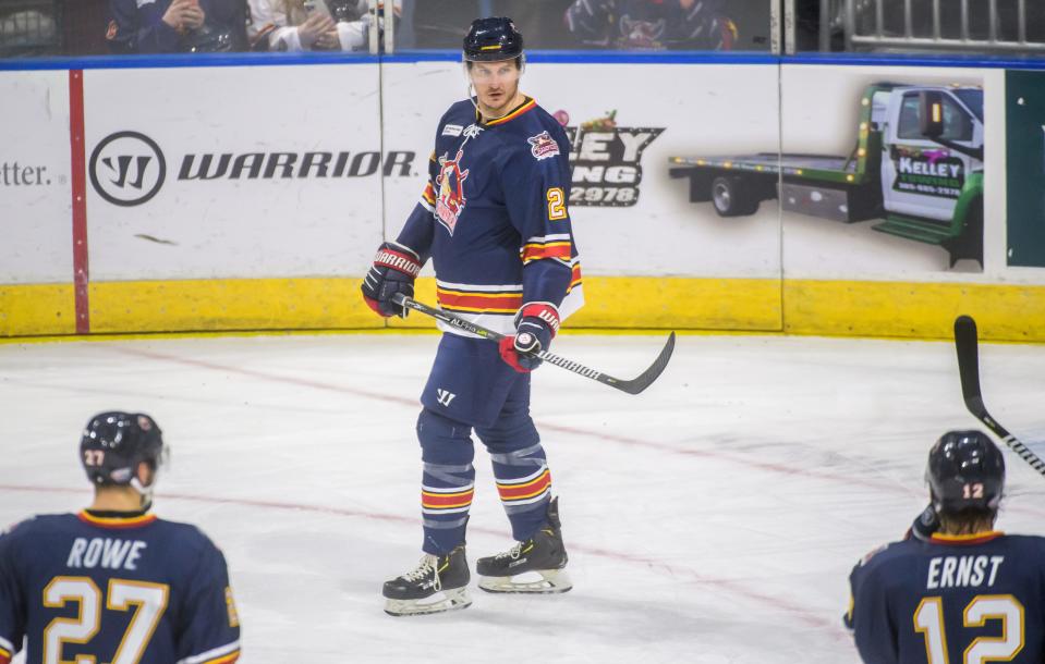 Retired Rivermen defenseman Ben Oskroba reunites with his former teammates to battle Knoxville in the first period Friday, Jan. 13, 2023 at Carver Arena in Peoria. The Rivermen fell to the Ice Bears 6-4 on the first night of a three-game homestand.