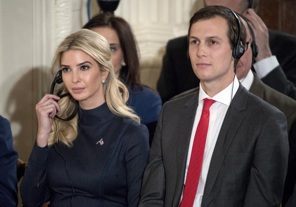 FILE – In this March 17, 2017, file photo Ivanka Trump, the daughter of President Donald Trump, and her husband Jared Kushner, senior adviser to President Donald Trump, attend a joint news conference with the president and German Chancellor Angela Merkel in the East Room of the White House in Washington. Kushner has added more than 70 assets worth at least $10.6 million to his revised personal financial disclosure. According to the disclosure, the additional assets were “inadvertently omitted” from an earlier form. The revised form was certified by the Office of Government Ethics on July 20 and released on July 21. Ivanka Trump, also filed new federal disclosures. She reported assets of at least $66 million and earned at least $13.5 million in income last year from her various business ventures.(AP Photo/Andrew Harnik, File)