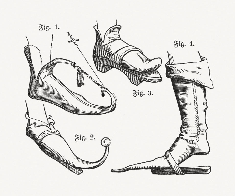 Different types of Cracowes (Poulaines) - medieval shoe fashion with long toes: 1) Crakow with a chain attached to the leg (France, 1360); 2) Crakow with a small bell in front (Germany); 3-4) Crakowes with pattens and lashing straps (15th century). Wood engravings from the book 