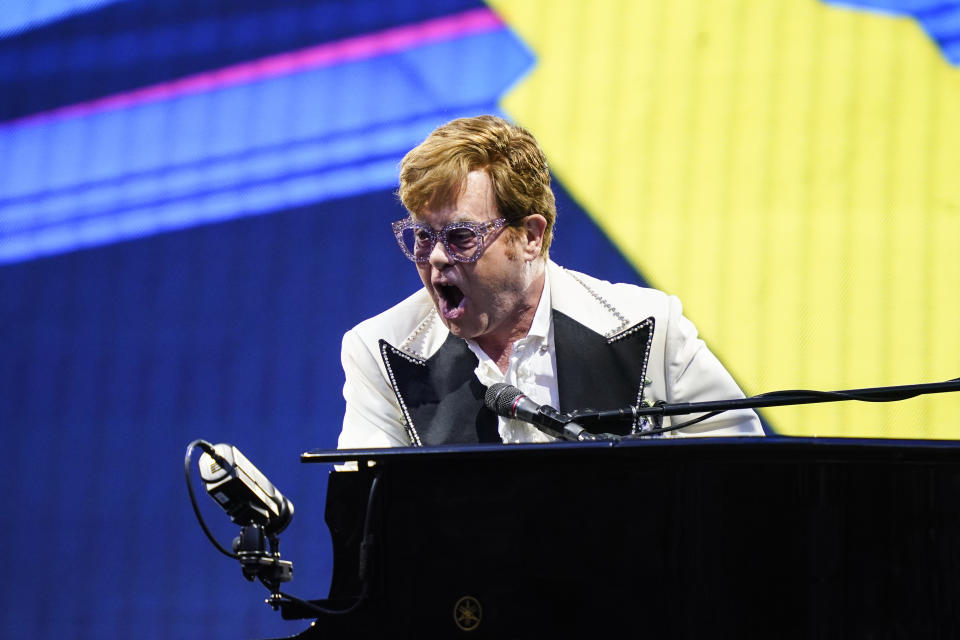 Elton John performs during his "Farewell Yellow Brick Road," tour, Friday, July 15, 2022, at Citizens Bank Park in Philadelphia. (AP Photo/Matt Rourke)