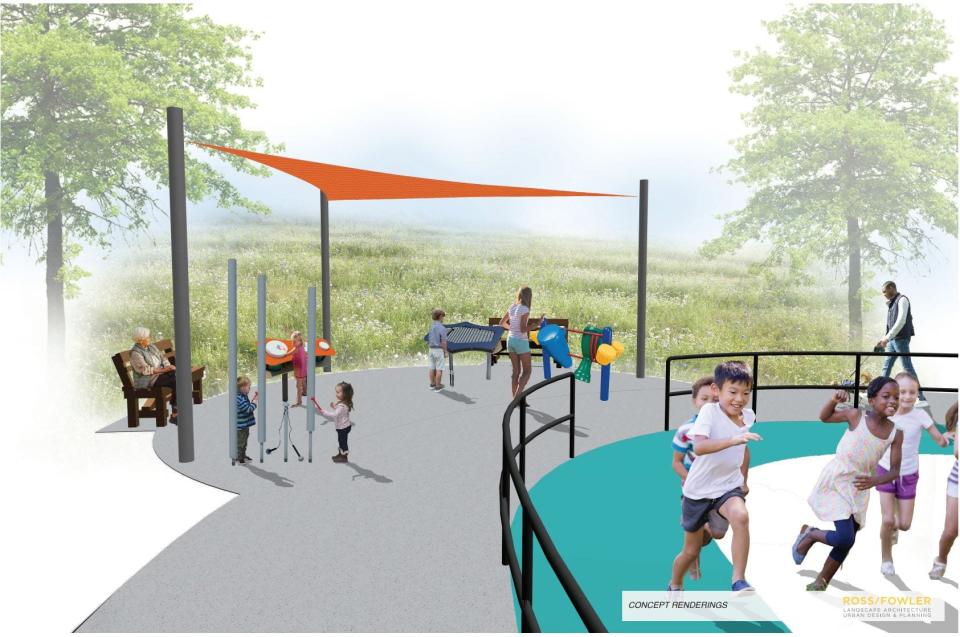 According to the playspace layout, it will overlook the dog park that was officially opened on June 29, 2022, and will connect to the existing paved walking loop.