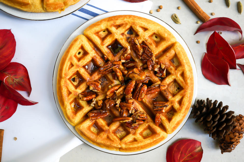 Cardamom pumpkin waffles with spiced maple pecans