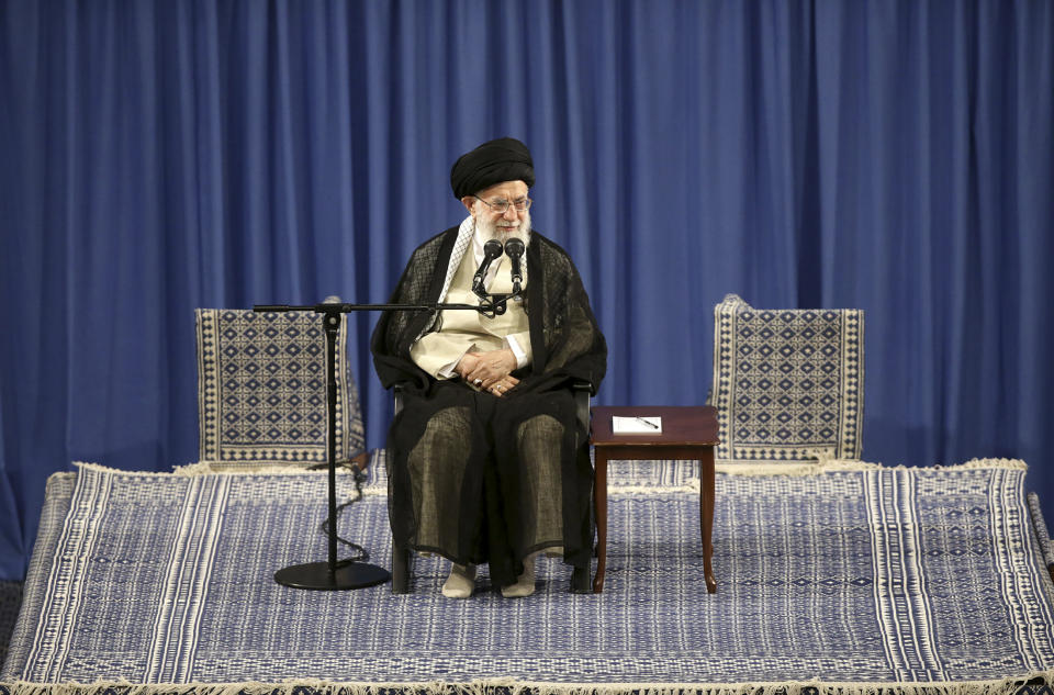 In this picture released on May 29, 2019, by the official website of the office of the Iranian supreme leader, Supreme Leader Ayatollah Ali Khamenei attends a meeting at his residence in Tehran, Iran. President Donald Trump signed an executive order on Monday, June 24, 2019, targeting Iran's supreme leader and his associates with financial sanctions, the latest action the U.S. has taken to discourage Tehran from developing nuclear weapons and supporting militant groups. (Office of the Iranian Supreme Leader via AP)