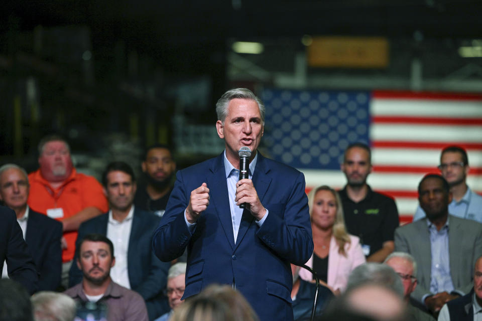 House Minority Leader Kevin McCarthy speaks at DMI Companies in Monongahela, Pennsylvania, on Sept. 23, 2022.