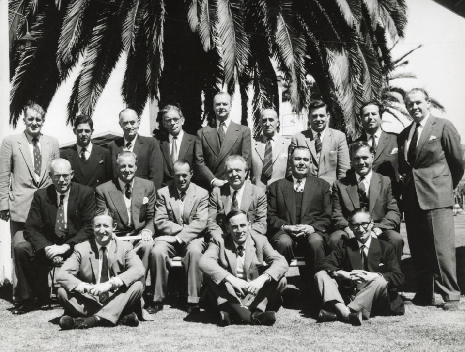 Woodcock, back row, second left, with press and broadcast colleagues on England's 1958-59 tour to Australia; his mentor EW Swanton, the Telegraph's man, is in the middle row, second right, with Alec Bedser to his left - Ken Kelly/Popperfoto via Getty Images