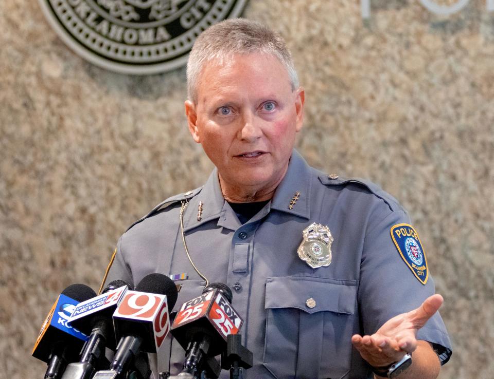 Oklahoma City Police Chief Wade Gourley speaks Monday during a news conference regarding six officers involved in shootings who were recently cleared by the district attorney.