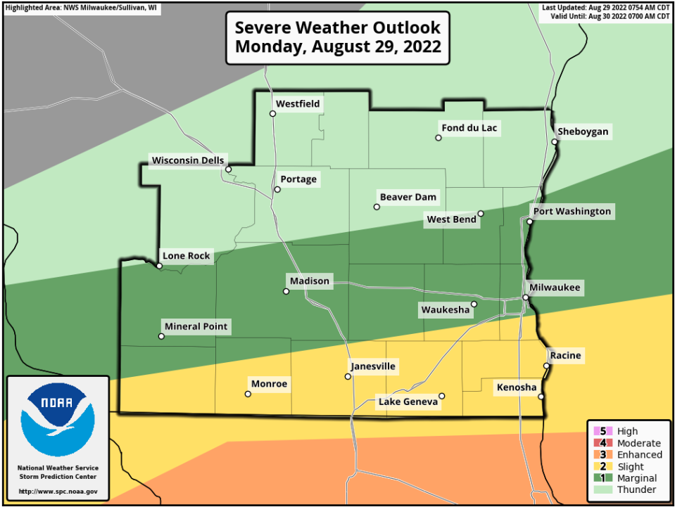 Far southern Wisconsin was under a slight risk -- level 2 out of 5 -- for severe thunderstorms on Monday. The threat for severe storms has passed, according to the National Weather Service.