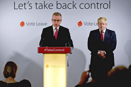 Britain's Justice Secretary Michael Gove (L) speaks as Vote Leave campaign leader Boris Johnson listens at the group's headquarters in London, Britain June 24, 2016. REUTERS/Stefan Rousseau/Pool