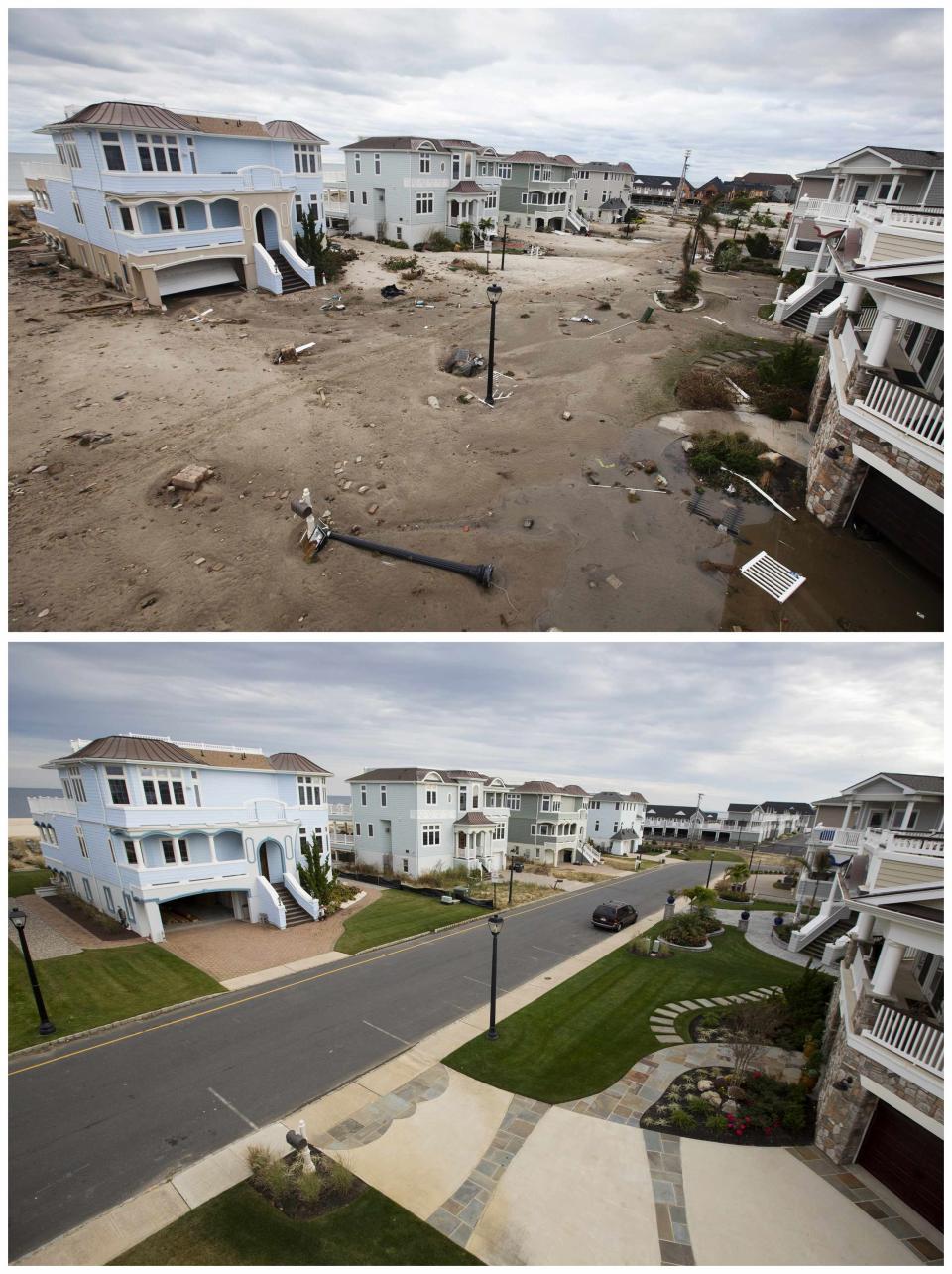 A combination photo shows several feet of sand on Tradewinds Lane after being deposited there by Superstorm Sandy and same street in Sea Bright New Jersey recently