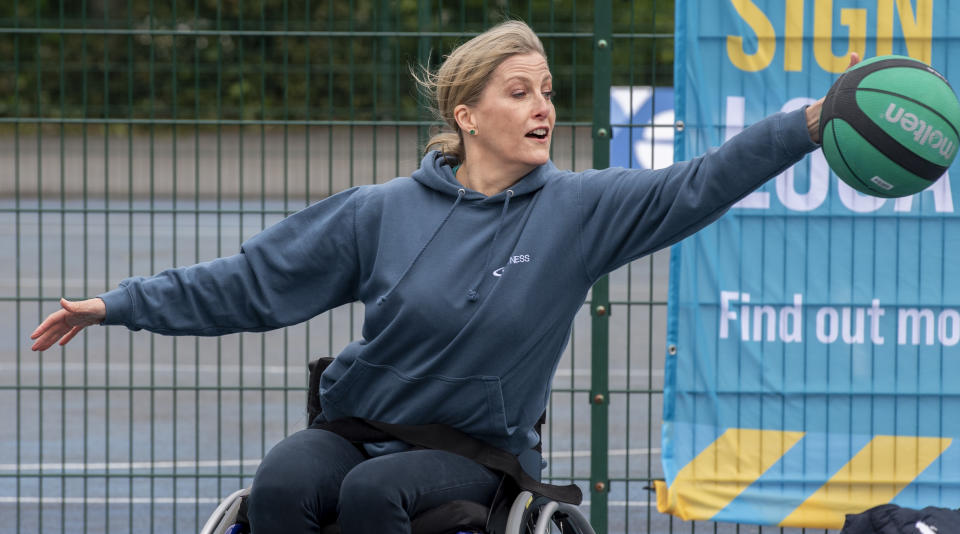 LONDON, ENGLAND - MAY 20: Sophie, Countess of Wessex attends the launch of the Inspire a Generation programme at Finsbury Park on May 20, 2021 in London, England. The programme will give thousands of people the opportunity to try wheelchair basketball for the first time. (Photo by UK Press Pool/UK Press via Getty Images)