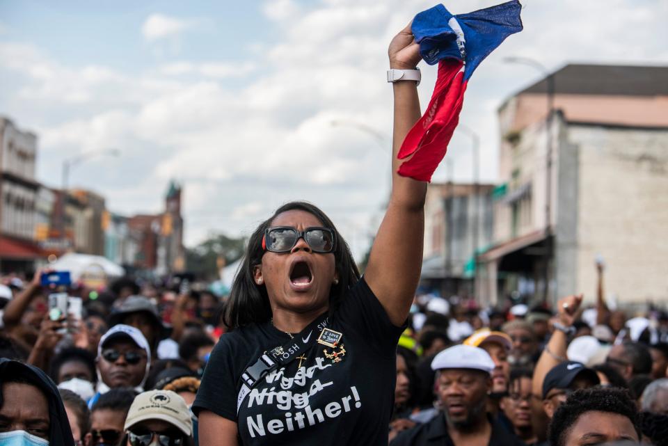 Marchers chant on the 57th anniversary of Bloody Sunday during the Selma Jubilee at the Edmund Pettus Bridge in Selma, Ala., on Sunday, March 5, 2022.