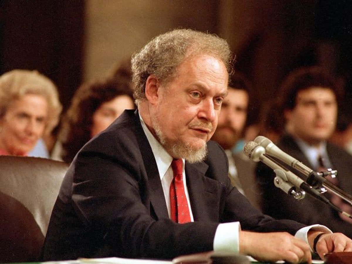 Bork testifies to the Senate Judiciary Committee during his Supreme Court confirmation hearings (Reuters)