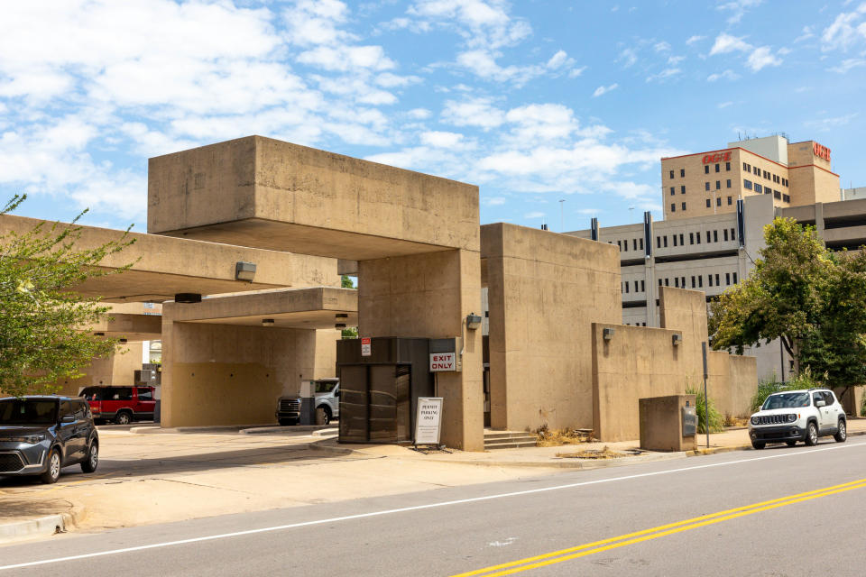 The former First National Bank drive-through, built in 1971, was a mid-century design intended to represent a forward-looking approach to rebuilding downtown.