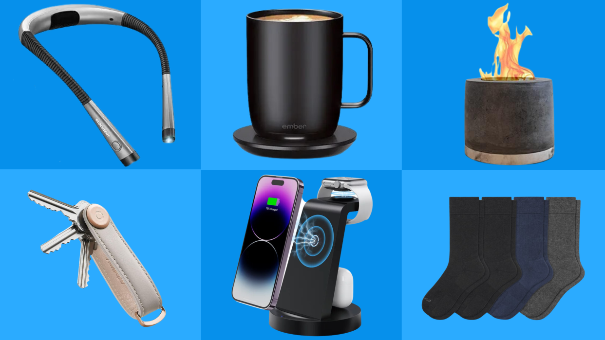 neck reading light, Ember mug, portable fire, key ring, wireless charger, pack of four socks