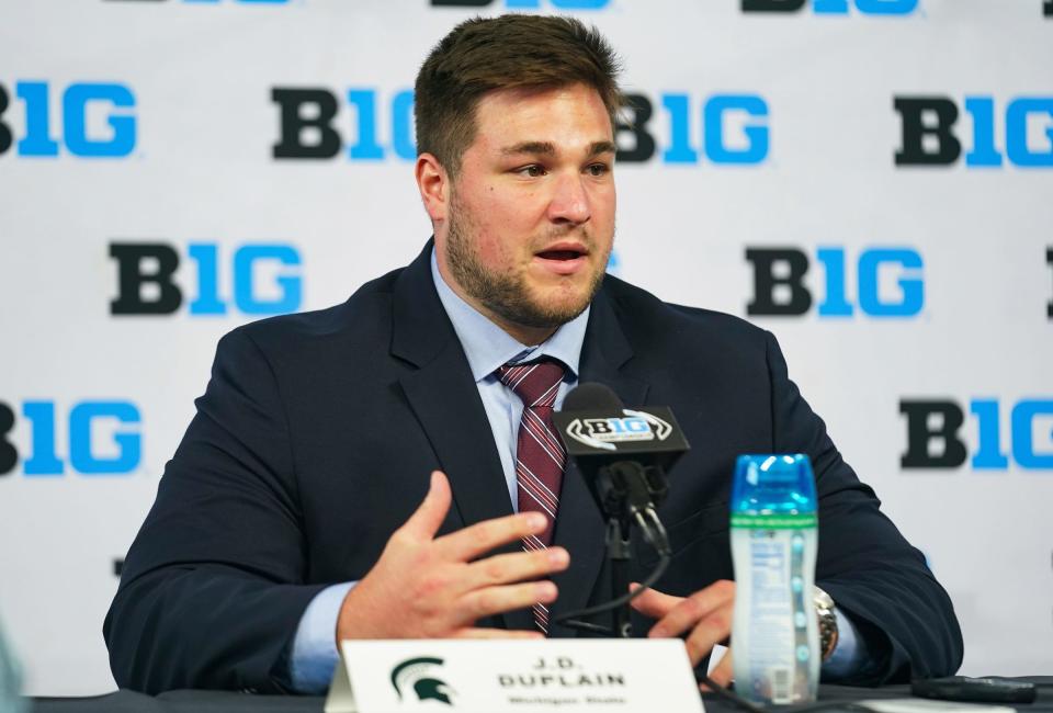 Michigan State offensive guard J.D. Duplain speaks to the media during the Big Ten football media day in Indianapolis on Wednesday, July 26, 2023.