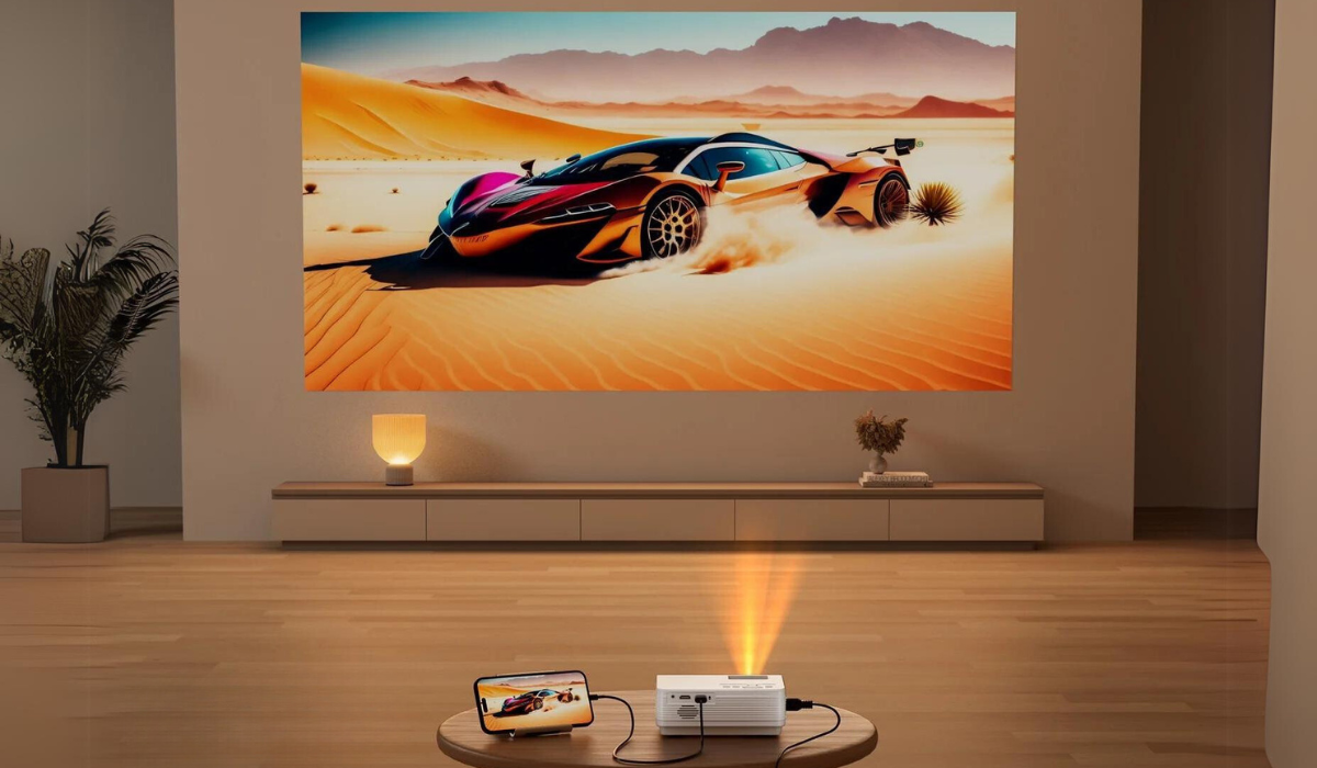 mini projector projecting on a living room wall