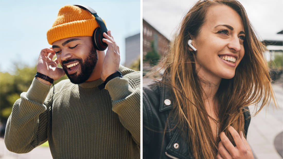  Man in orange hat wearing headphones next to a woman wearing a leather jacket with earbuds in her ears. 