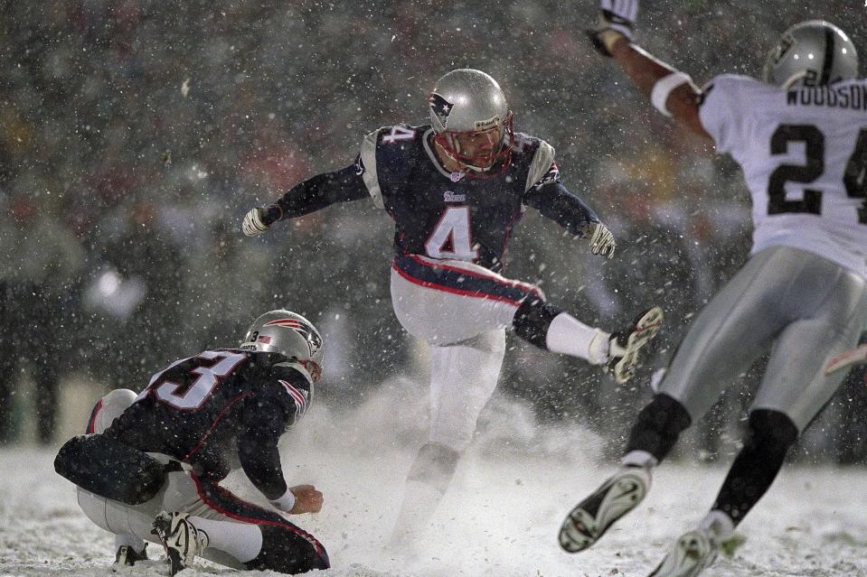 Vinatieri was responsible for some of the most iconic kicks in NFL history, including this snowy boot during the Patriots' first Super Bowl run