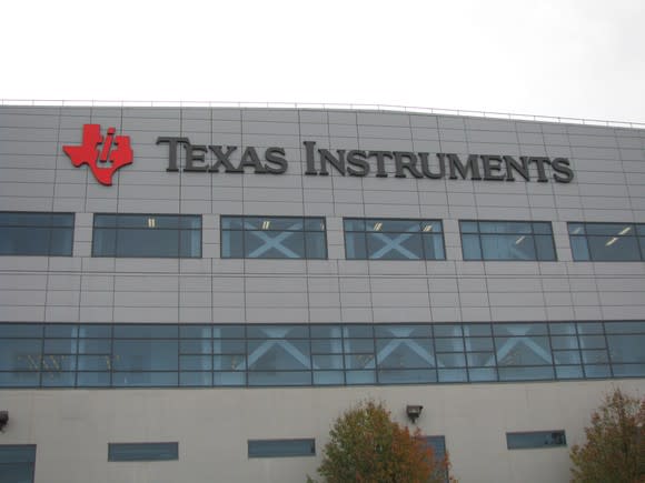 A building with the Texas Instruments corporate logo displayed.