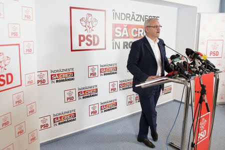 Leader of Romania's leftist Social Democrat Party (PSD), Liviu Dragnea, speaks during a press conference following the end of the parliamentary elections, in Bucharest, Romania, December 11, 2016. Inquam Photos/Octav Ganea/via REUTERS