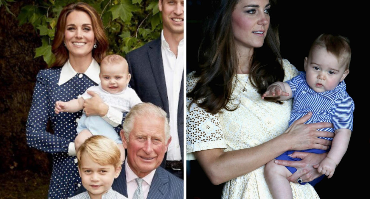 Six-month-old Prince Louis in the family photo and Prince George in Australia in 2014 (Chris Jackson/Getty)