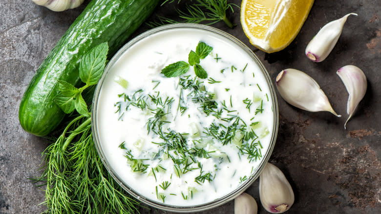 bowl tzatziki with ingredients