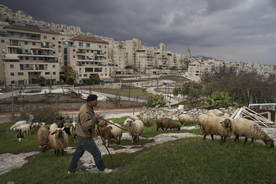 FILE - A Palestinian shepherd herds his flock in front of Har Homa, an Israeli settlement in east Jerusalem that Israel considers a neighborhood of its capital, Thursday, Feb. 23, 2023. The European Union withdrew the monitoring mission formed to promote a two-state solution between Israel and the Palestinians from Gaza after the Hamas militant group seized power in 2007. But 16 years later, the mission continues to maintain offices in Israel in hopes of one day returning. Critics say the ongoing Western commitment to the two-state solution fails to recognize the changing circumstances in the region and maintains a costly-status quo. (AP Photo/Mahmoud Illean, File)