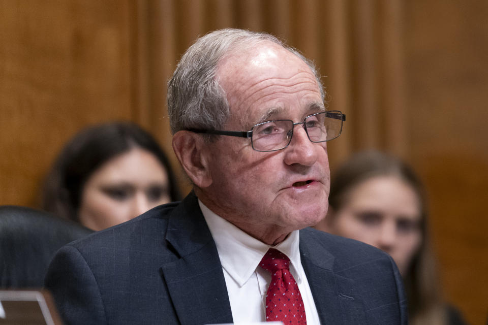 Senate Foreign Relations Committee Ranking Member Sen. Jim Risch, R-Idaho, speaks during a committee hearing to examine the nomination of Jacob Lew, former treasury secretary under President Barack Obama, aAmbassador to the State of Israel, Wednesday, Oct. 18, 2023, in Washington. (AP Photo/Stephanie Scarbrough)