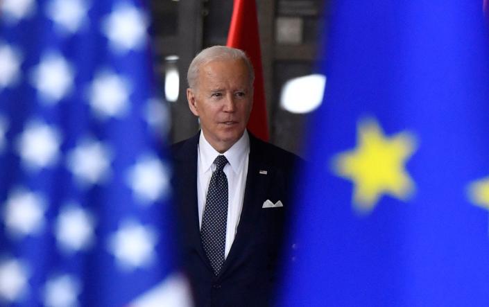 President Joe Biden arrives for an EU summit at the European Council building in Brussels, Thursday, March 24, 2022. As the war in Ukraine grinds into a second month, Biden and Western allies are gathering to chart a path to ramp up pressure on Russian President Vladimir Putin while tending to the economic and security fallout that's spreading across Europe and the world.