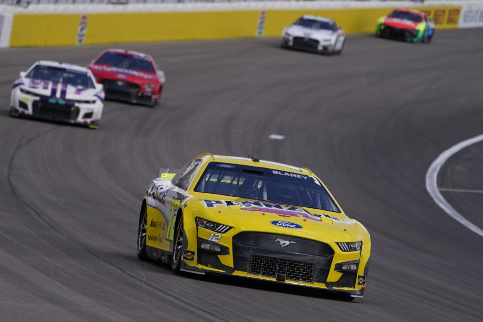 Ryan Blaney (12) races during a NASCAR Cup Series auto race Sunday, March 6, 2022, in Las Vegas. (AP Photo/John Locher)