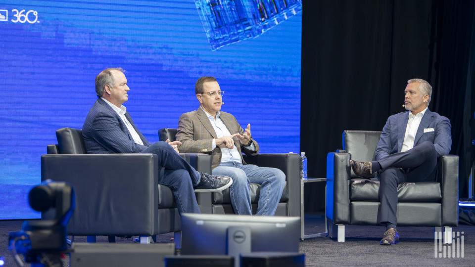 From left, Darren Field, J.B. Hunt’s president of intermodal; Tom Williams, BNSF’s group vice president of consumer products; and Spencer Frazier, J.B. Hunt’s executive vice president of marketing and sales, speak onstage Tuesday at F3: Future of Freight Festival in Chattanooga, Tennessee. (Photo: Jim Allen/FreightWaves)