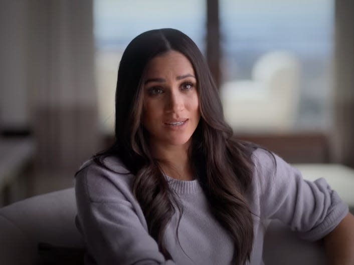 A still of Meghan Markle in the trailer for "Harry & Meghan."