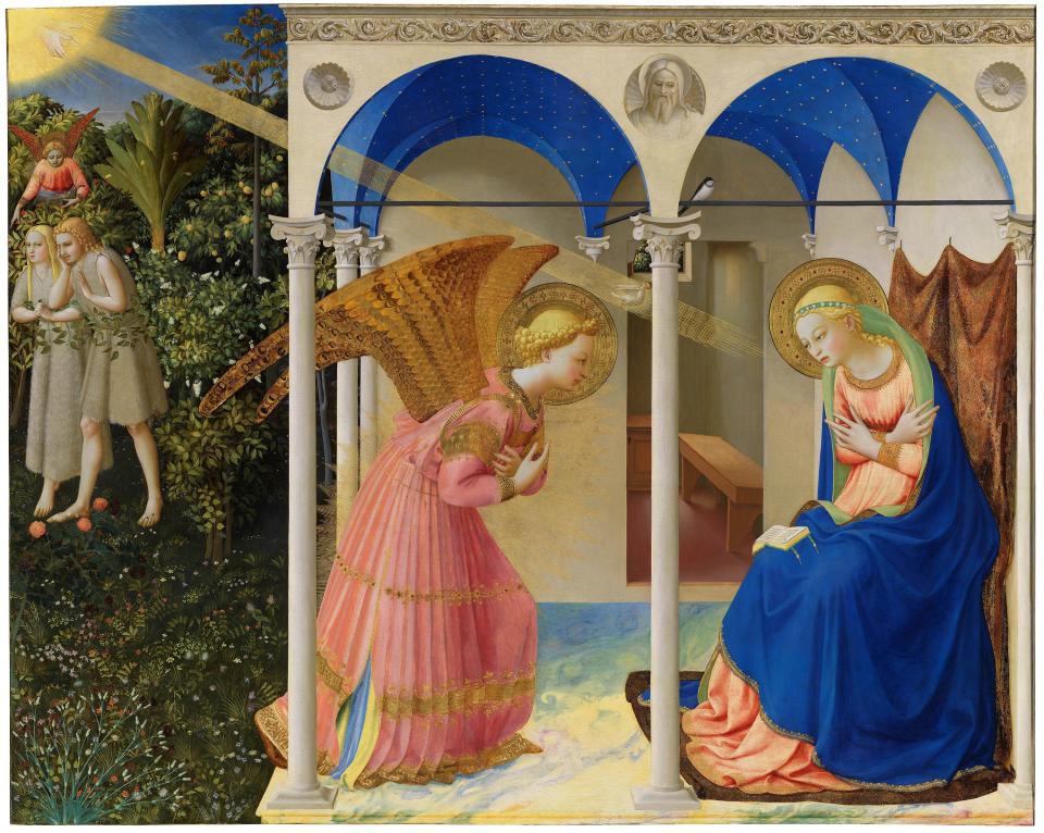 The recently restored Annunciation and Expulsion of Adam and Eve from Eden by Fra Angelico, c. 1425–26. Madrid, Museo Nacional del Prado.