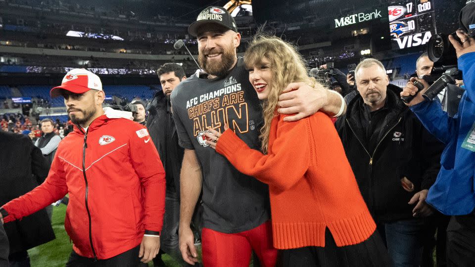 (From left) Travis Kelce and Taylor Swift at the 2023 AFC Championship football game between the Kansas City Chiefs and the Baltimore Ravens in Baltimore. - Julio Cortez/AP
