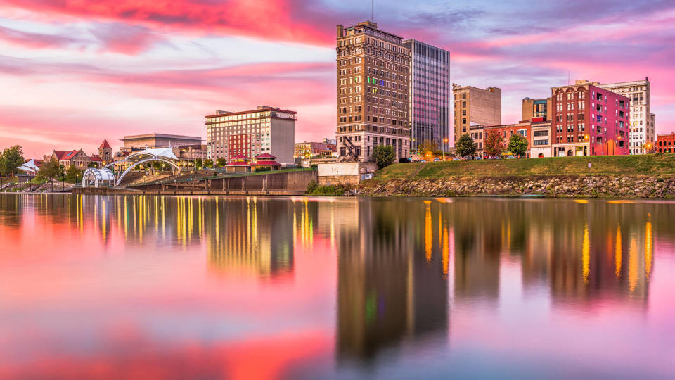 Charleston, West Virginia, USA downtown skyline on the river at dusk.