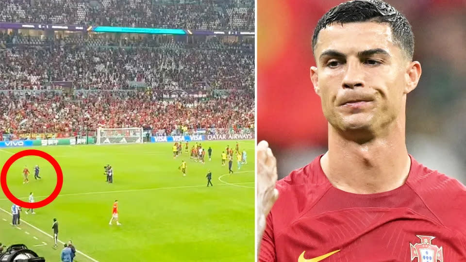 Substitute Cristiano Ronaldo was seen leaving the field without any of his teammates after Portugal's win over Switzerland at the World Cup. Image: Twitter/Getty
