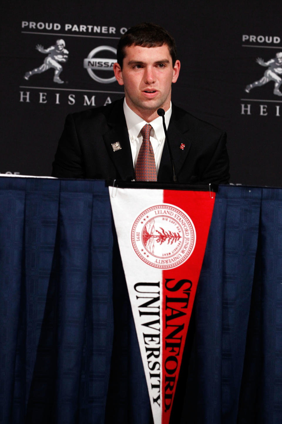 NEW YORK, NY - DECEMBER 10: Heisman Trophy finalist Andrew Luck of the Stanford University Cardinal speaks during a press conference at The New York Marriott Marquis on December 10, 2011 in New York City. (Photo by Jeff Zelevansky/Getty Images)