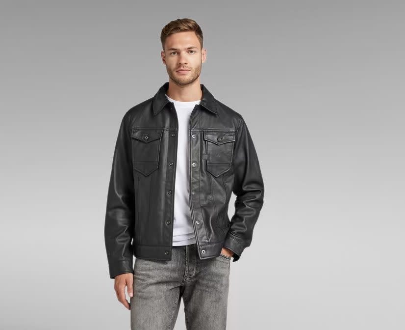 Black leather trucker jacket from G-Star Raw