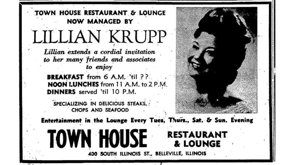 A 1968 ad for Town House Restaurant in Belleville, welcoming new manager Lillian Krupp