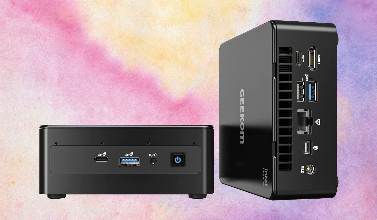 The Geekom IT8 Mini PC, shown here front and back, makes a tiny but powerful addition to your desk. (Photo: Geekom)