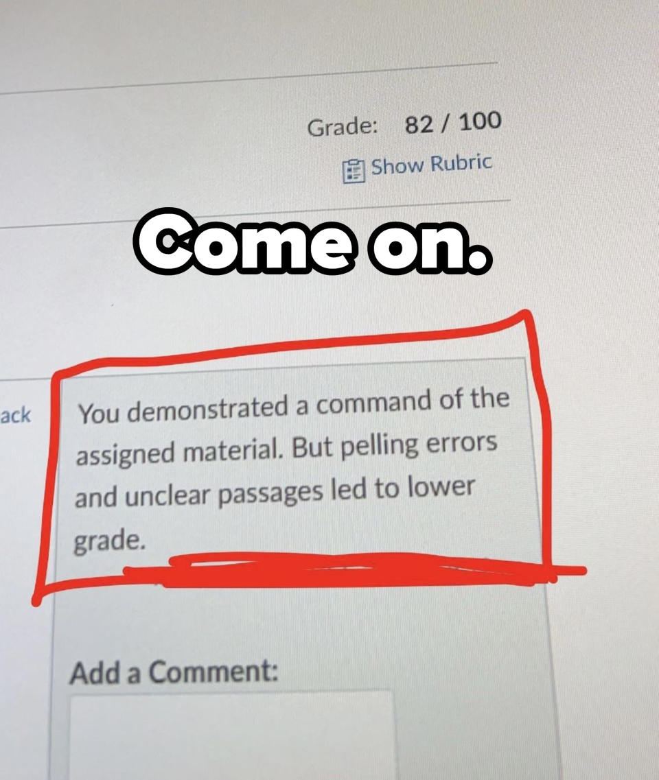 A person getting points taken off for spelling errors, but in the note about the spelling, it's misspelled as "pelling"