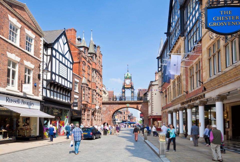 Chester rows, city centre shops and the Eastgate Clock, one of the city’s historical landmarks (Alamy Stock Photo)