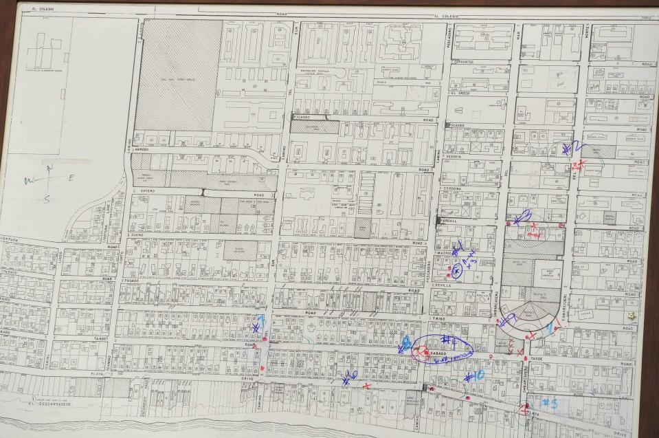 A map of the shooter's movement is displayed during a news conference by Santa Barbara County Sheriff Bill Brown (not shown) at Sheriff headquarters in Santa Barbara