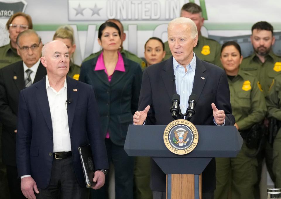 President Joe Biden speaks Thursday at the Border Patrol Station in Brownsville. He called on Congress to pass wide-ranging border security legislation, saying, “Instead of playing politics with the issue, why don’t we just get together it done?”