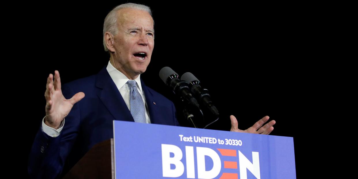 Democratic presidential candidate former Vice President Joe Biden speaks during a primary election night rally Tuesday, March 3, 2020, in Los Angeles. (AP Photo/Marcio Jose Sanchez)