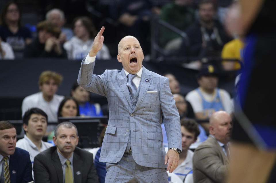 UCLA coach Mick Cronin shouts instructions from the bench during the second half of the team's first-round college basketball game against UNC Asheville in the men's NCAA Tournament in Sacramento, Calif., Thursday, March 16, 2023. UCLA won 86-53. (AP Photo/Randall Benton)