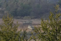 South Korean army K-9 self-propelled howitzers move in Paju, near the border with North Korea, South Korea, Tuesday, Oct. 19, 2021. North Korea on Tuesday fired at least one ballistic missile into the sea in what South Korea’s military described as a weapon likely designed for submarine-based launches, marking possibly the most significant demonstration of the North’s military might since President Joe Biden took office.(AP Photo/Ahn Young-joon)