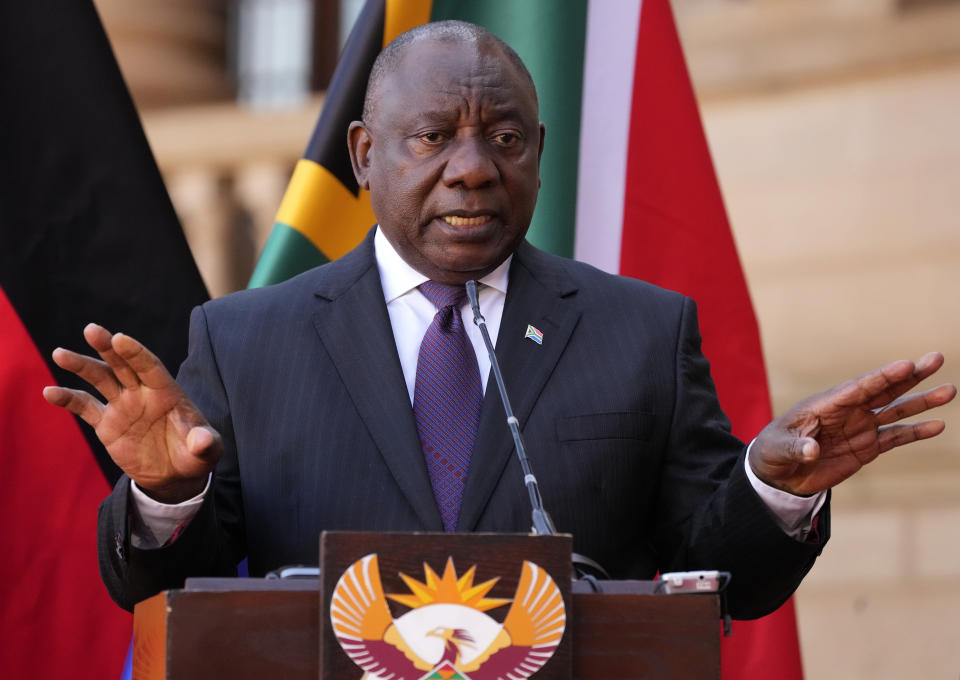 South African President Cyril Ramaphosa speaks during a joint media conference with German Chancellor Olaf Scholz at the Union Building in Pretoria, South Africa, Tuesday, May 24, 2022. (AP Photo/Themba Hadebe)