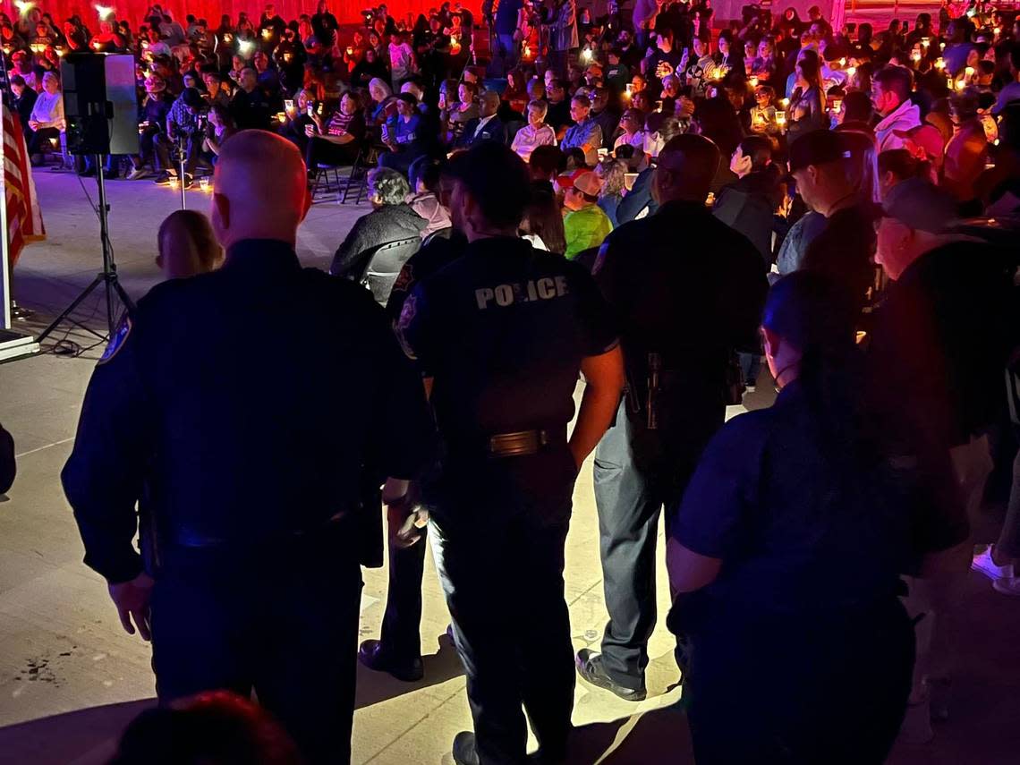 Hundreds of people attend a vigil for Noel Rodriguez-Alvarez in Everman on Monday, April 10, 2023, as a search continues for the remains of the missing 6-year-old. Everman Police Department